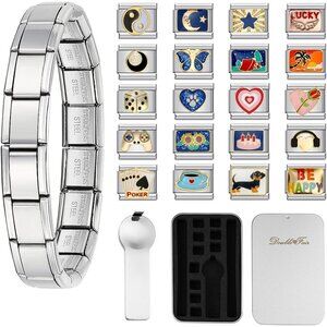 Italian Charm Bracelet with 20 Interchangeable Charms - Adjustable & Stylish